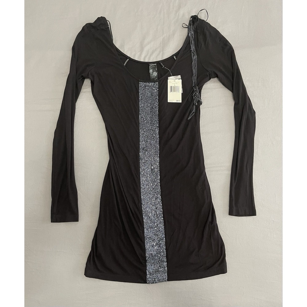 Guess Los Angeles Black Beaded Bodycon Mini Dress Long Sleeve YI8188 NWT L
